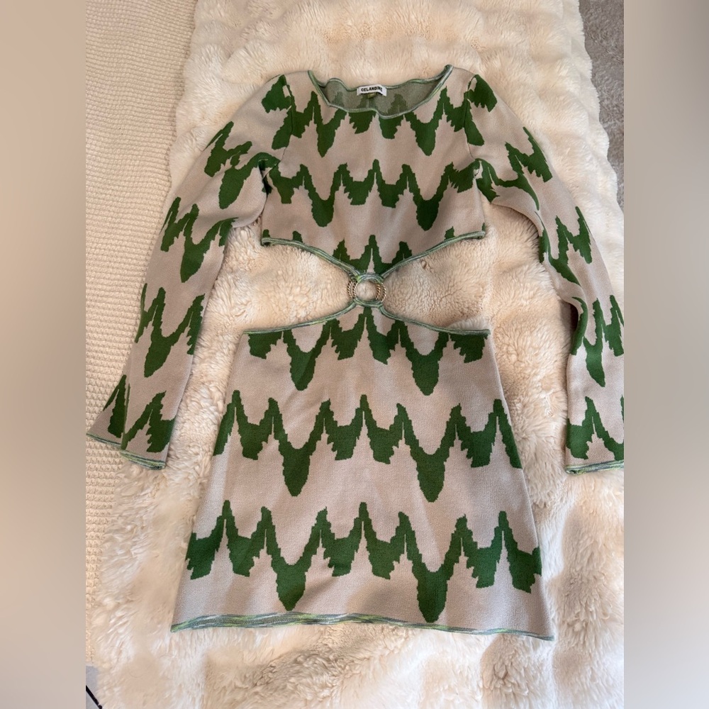 Anthropologie Celandine Green and Beige Patterned Cutout Sweater Dress